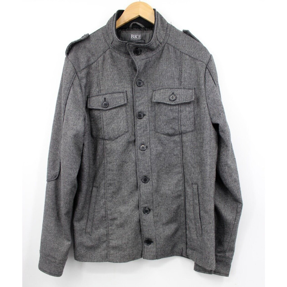 BKE Buckle Coat Men’s Large Wool Blend Grey Pockets Full Button‎ Up - Picture 1 of 12